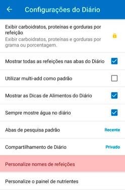 Configurações do diário alimentar