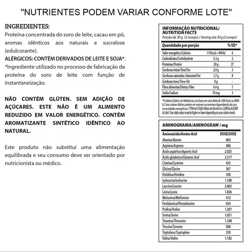 Informação nutricional do whey 100% pure da Integral Médica