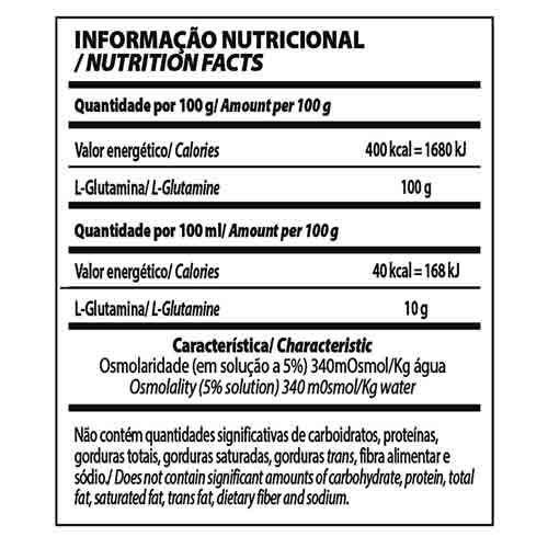 Informação nutricional da Glutamina Integral médica 600g