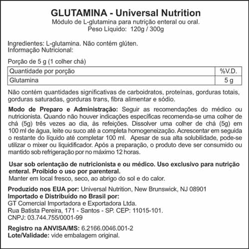 Informações nutricionais da glutamina da universal nutrition