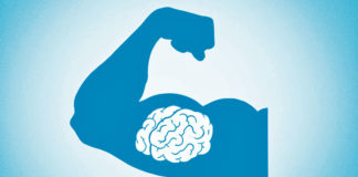 Bíceps contraído com cérebro nele, simbolizando a memória muscular