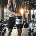 Melhor tipo de creatina: escolha certa para máximos resultados Pessoa segurando pote de creatina em uma academia, simbolizando a escolha do melhor tipo de creatina para otimizar o desempenho físico