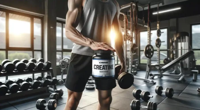 Melhor tipo de creatina: escolha certa para máximos resultados Pessoa segurando pote de creatina em uma academia, simbolizando a escolha do melhor tipo de creatina para otimizar o desempenho físico