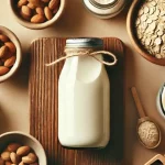 Como fazer whey protein caseiro? Veja as 2 melhores receitas Uma imagem de capa moderna e limpa para uma postagem de blog sobre whey protein caseiro. Uma visão de cima para baixo de uma mesa de madeira exibe uma jarra de vidro com soro de leite líquido