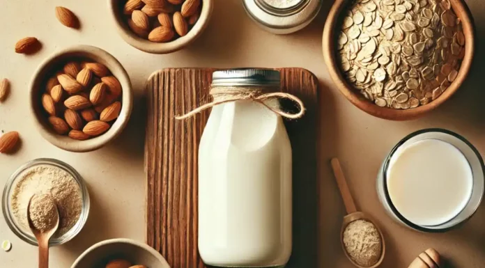 Como fazer whey protein caseiro? Veja as 2 melhores receitas Uma imagem de capa moderna e limpa para uma postagem de blog sobre whey protein caseiro. Uma visão de cima para baixo de uma mesa de madeira exibe uma jarra de vidro com soro de leite líquido