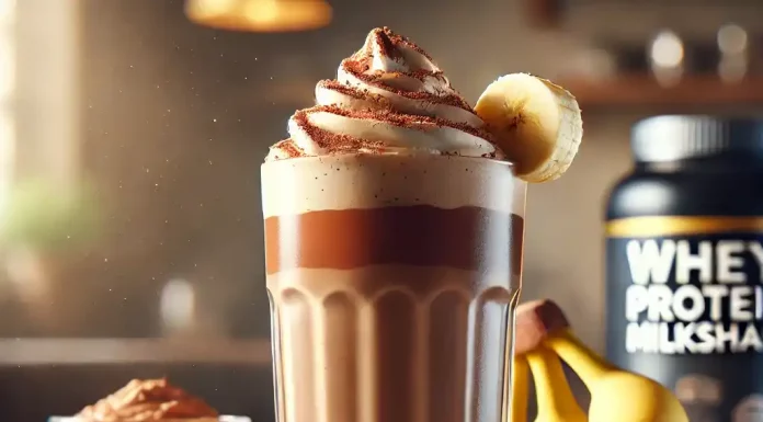 Milkshake proteico com whey: cremoso e nutritivo Milkshake proteico de chocolate e banana servido em um copo grande, com um leve swirl de chocolate e polvilhado com cacau em pó. Ao lado, ingredientes naturais como banana, whey protein e pasta de amendoim.