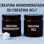 Dois potes de creatina, um rotulado como Creatina Monohidratada e outro como Creatina HCL, com um scoop de pó branco sobre uma superfície neutra e fundo cinza claro