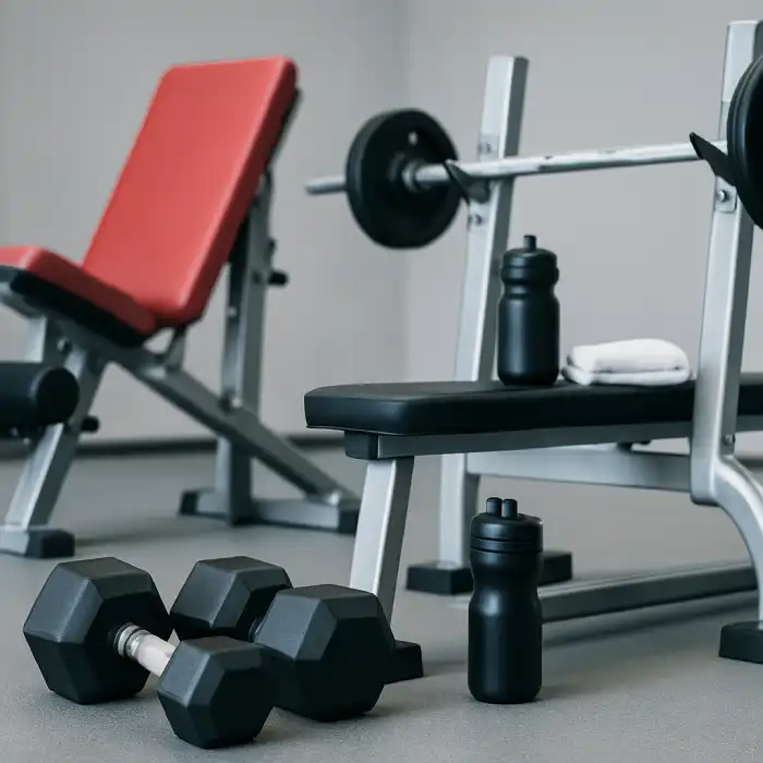 Banco de musculação com halteres hexagonais pretos, garrafa de água e toalha, ao lado de uma cadeira extensora em fundo de academia bem iluminada