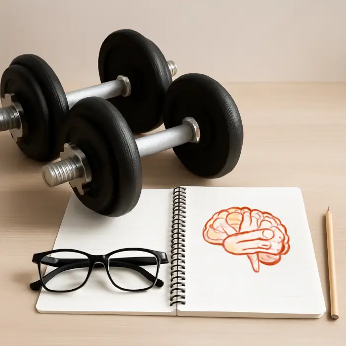 Dois halteres, óculos de grau, caderno com desenho de cérebro e lápis organizados sobre uma mesa de madeira clara, representando o elo entre treino físico e foco mental.