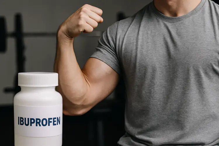 Close no braço de homem flexionando o bíceps com halteres pretos em ambiente de academia, representando esforço muscular e recuperação sem mostrar o rosto