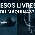 Imagem dividida com haltere preto de um lado e máquina de musculação do outro, sobre fundo escuro. Texto em destaque: 'Pesos livres ou máquinas?