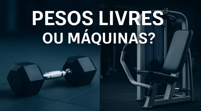 Pesos livres ou máquinas: o que é melhor para hipertrofia e desempenho? Imagem dividida com haltere preto de um lado e máquina de musculação do outro, sobre fundo escuro. Texto em destaque: 'Pesos livres ou máquinas?