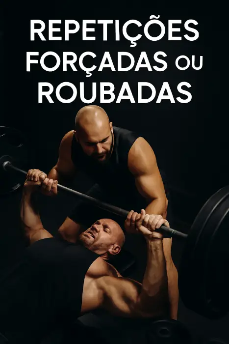 Dois homens fortes em treino de supino, com um ajudando o outro durante uma repetição forçada, em fundo escuro de academia. Texto em destaque: 'Repetições forçadas ou roubadas'