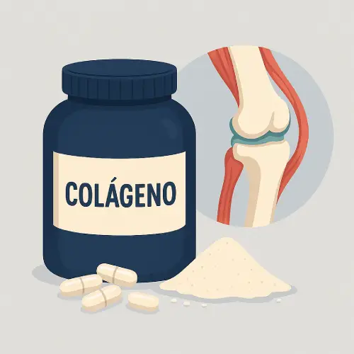 Pote genérico de colágeno ao lado de colher dosadora sobre fundo azul escuro, com ilustração leve de articulações ao fundo