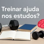 "Halteres pretos, caderno aberto, livro azul e ilustração de cérebro sobre uma mesa de madeira clara, com a frase 'Treinar ajuda nos estudos?' em destaque."