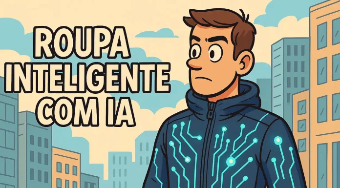 Roupa inteligente com IA acerta execução de exercícios com mais de 90% de precisão Ilustração em estilo cartoon de um homem jovem vestindo jaqueta inteligente com circuitos luminosos em azul-turquesa, fundo urbano estilizado e o texto em destaque ‘Roupa inteligente com IA’