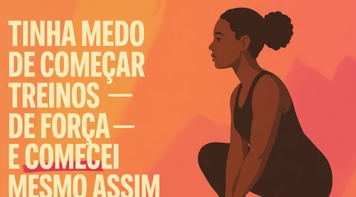 ”Tinha medo de começar treinos de força – e comecei mesmo assim”: inspirando mulheres com coragem real Ilustração de uma mulher iniciando treino de força com kettlebell, em fundo de tons quentes; mensagem de coragem para inspirar mulheres